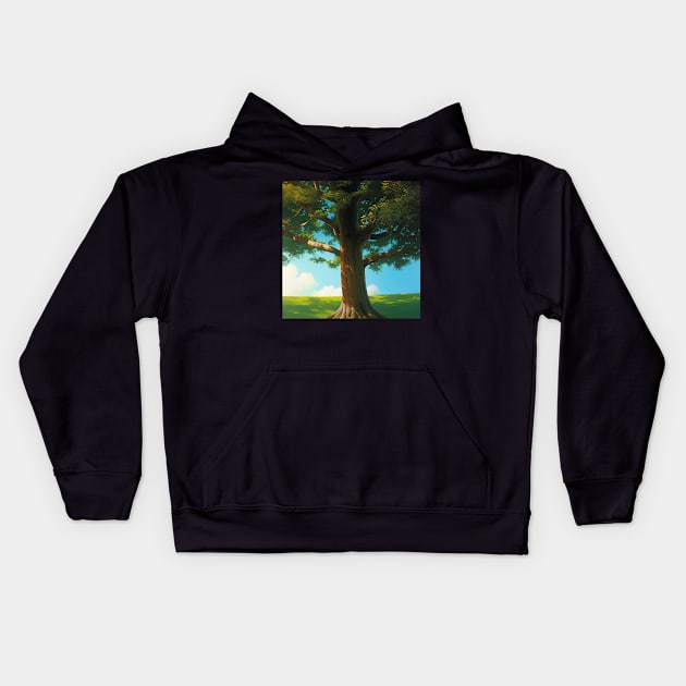 Oak Tree in a Serene Meadow Kids Hoodie by CursedContent